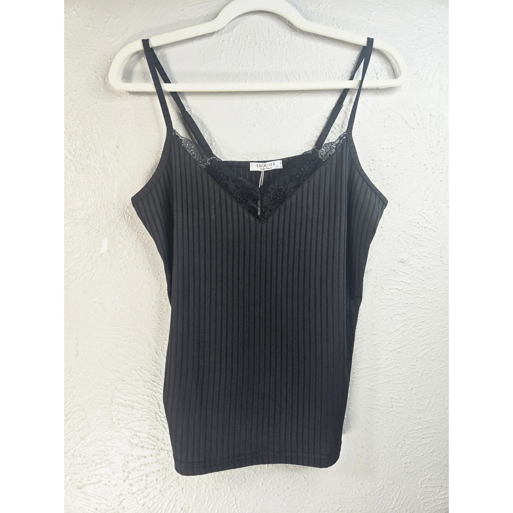 Lace Trim Ribbed Camisole S Black Adjustable Strap V Neck Tank Top Whimsigoth